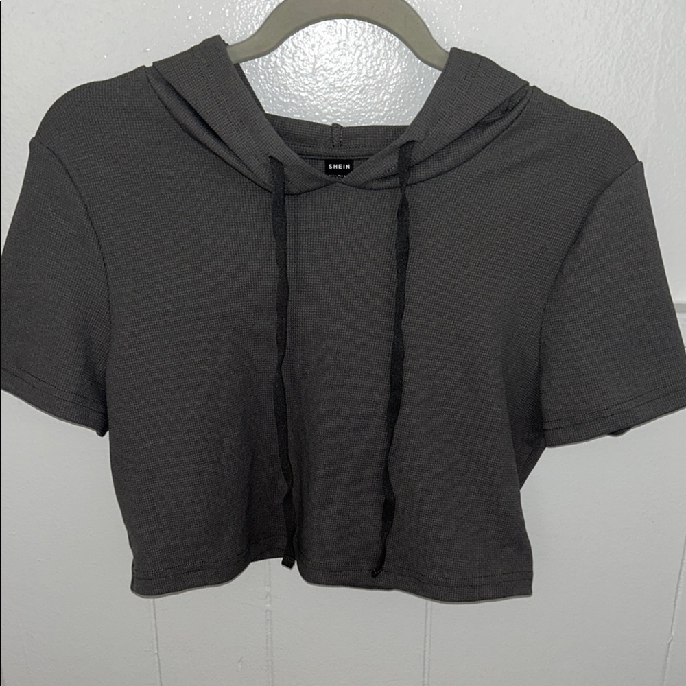 SHEIN Gray Cropped Short Sleeve Hoodie